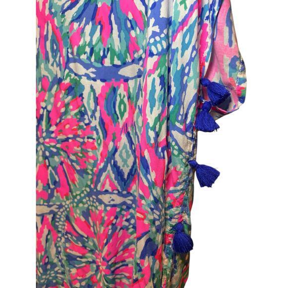 Lilly Pulitzer Women XS Top Tunic‎ Short Sleeve Sydney Caftan Pink Blue Tassels - Picture 9 of 16